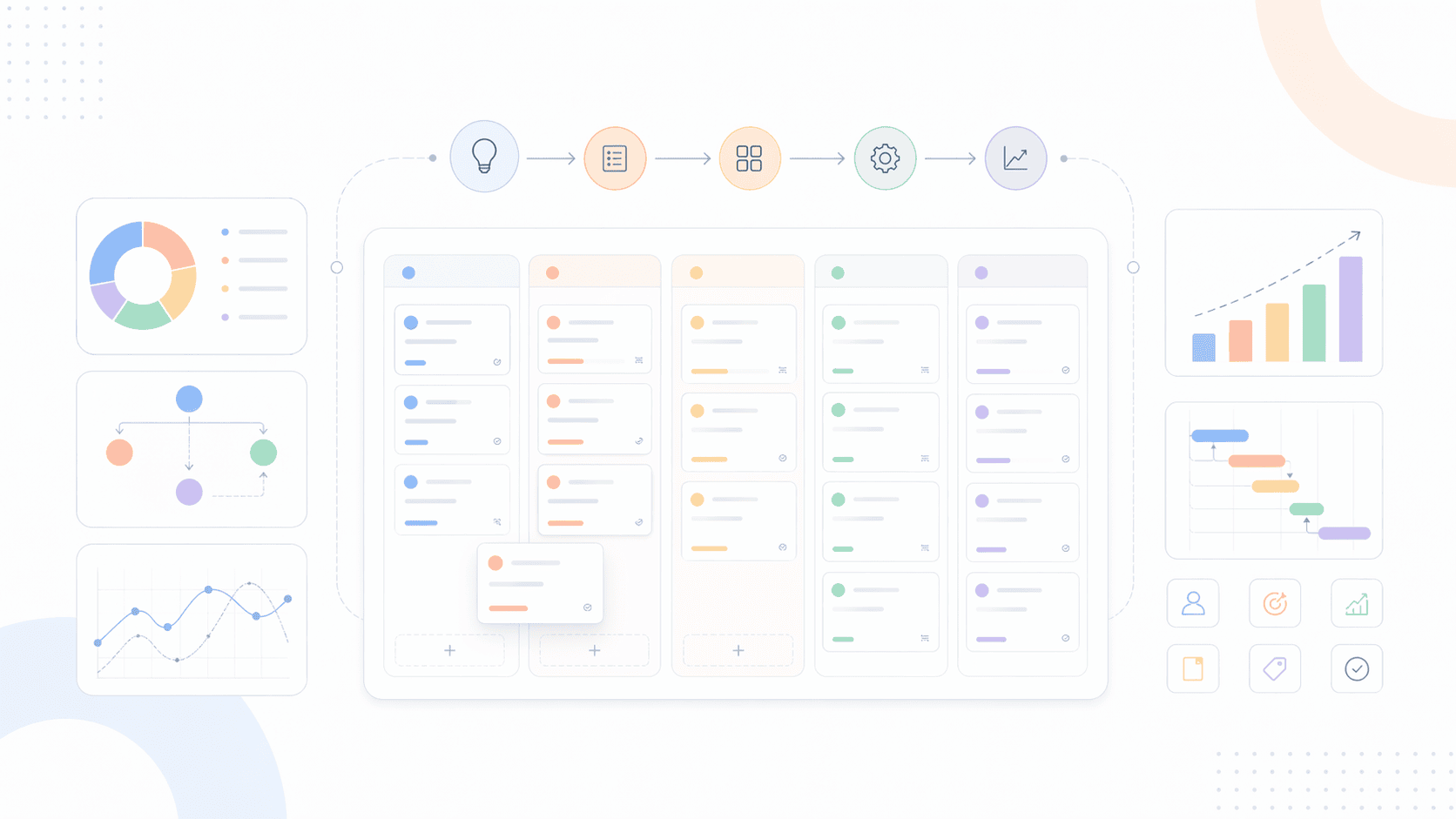 Иллюстрация сервисных бизнес-моделей — канбан-доска, графики и процессы-иконы